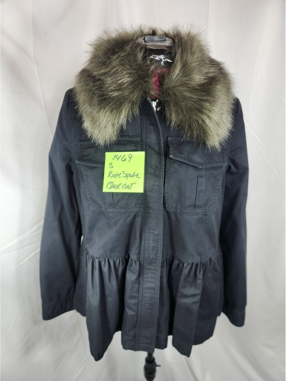 Kate Spade Black Faux Fur Ruffle Military Jacket Coat NWT Size S